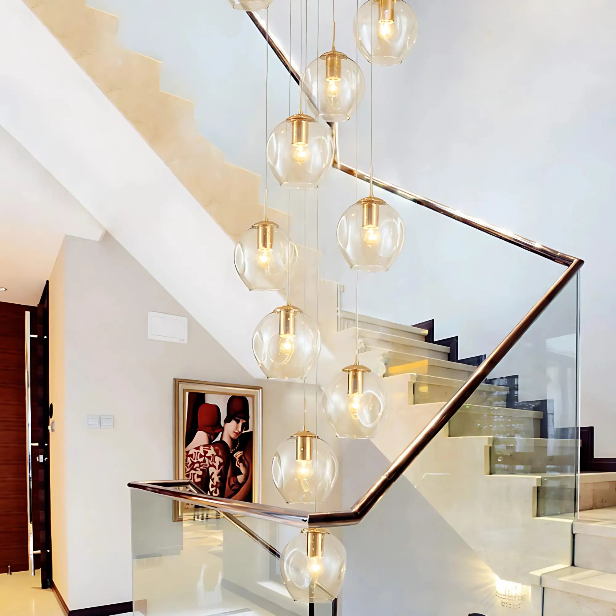 Elegant staircase with cascading glass pendant lights in modern Australian home