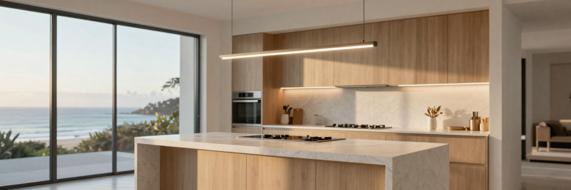 Modern Australian kitchen featuring a sleek linear LED pendant light above a kitchen island, warm ambient lighting, minimalist luxury interior design