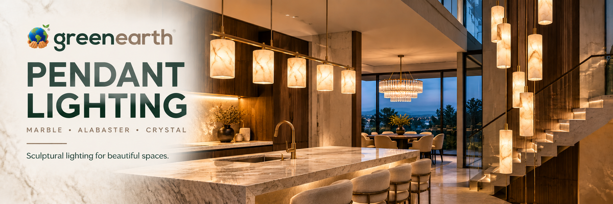 Green Earth pendant lighting collection featuring Spanish marble and alabaster pendants, crystal chandeliers, kitchen island lighting and staircase lights.