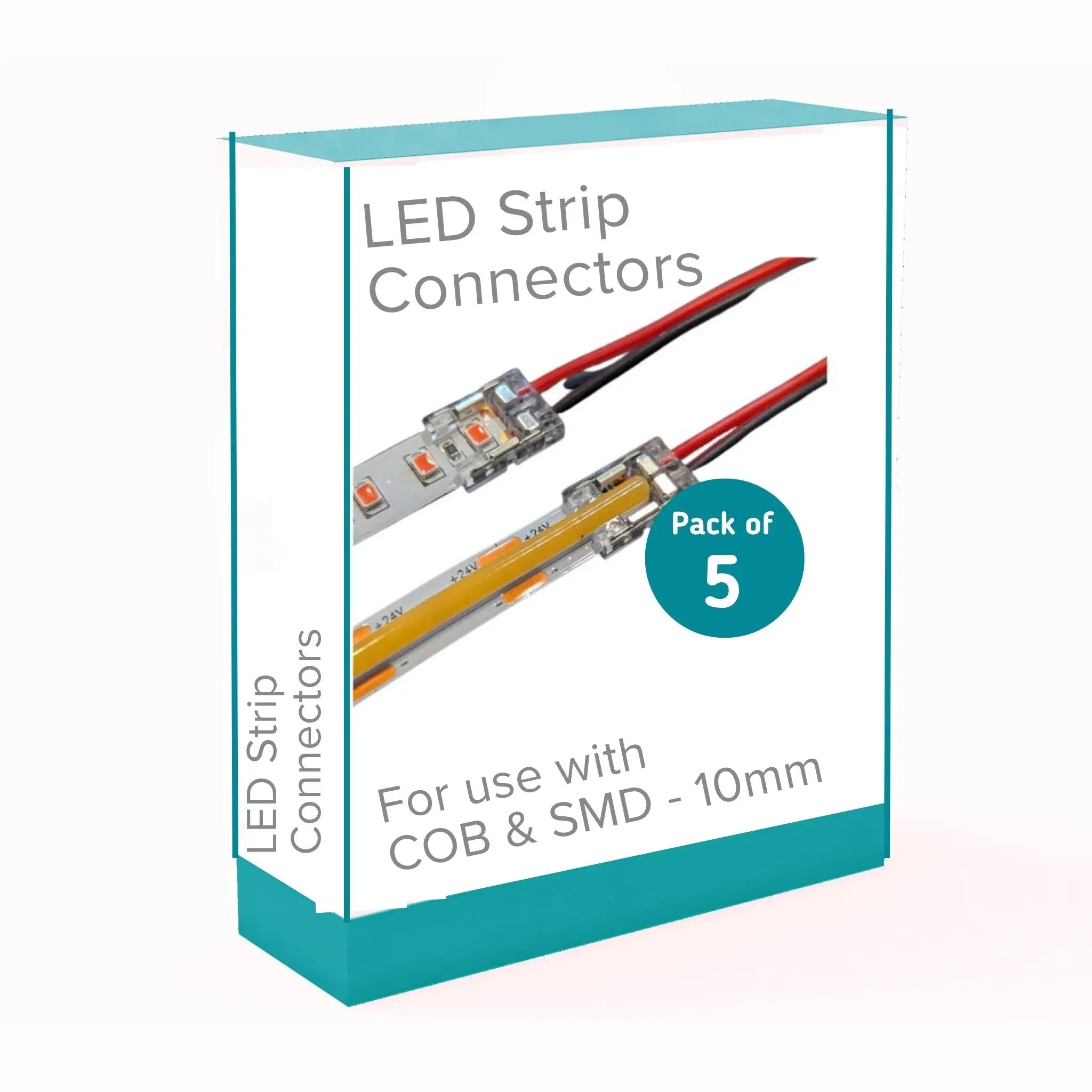Pack of 5 - 10mm 2-Pin PCB to Cable Connector for Single Colour COB & SMD LED Strip