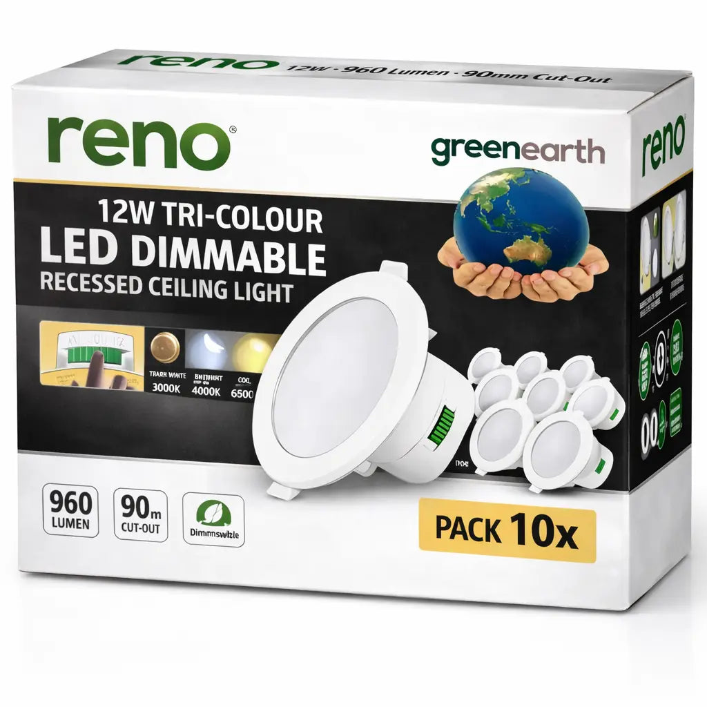 10Pcs Reno 12W Tri-Colour LED Dimmable Recessed Ceiling Light - 90mm