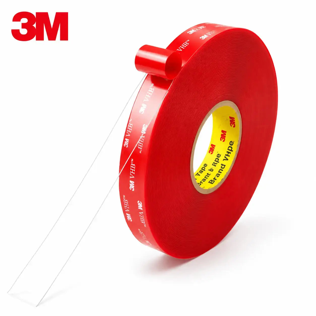 A roll of 3M VHB tape, featuring a bright red outer layer with white printed branding and a yellow inner core, with a strip of clear tape unrolled from the left side, set against a plain white background.