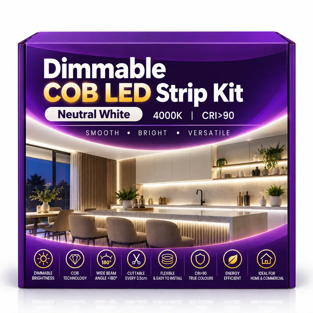 Dimmable Dotless COB LED Strip Light Kit – 4000K Cool White