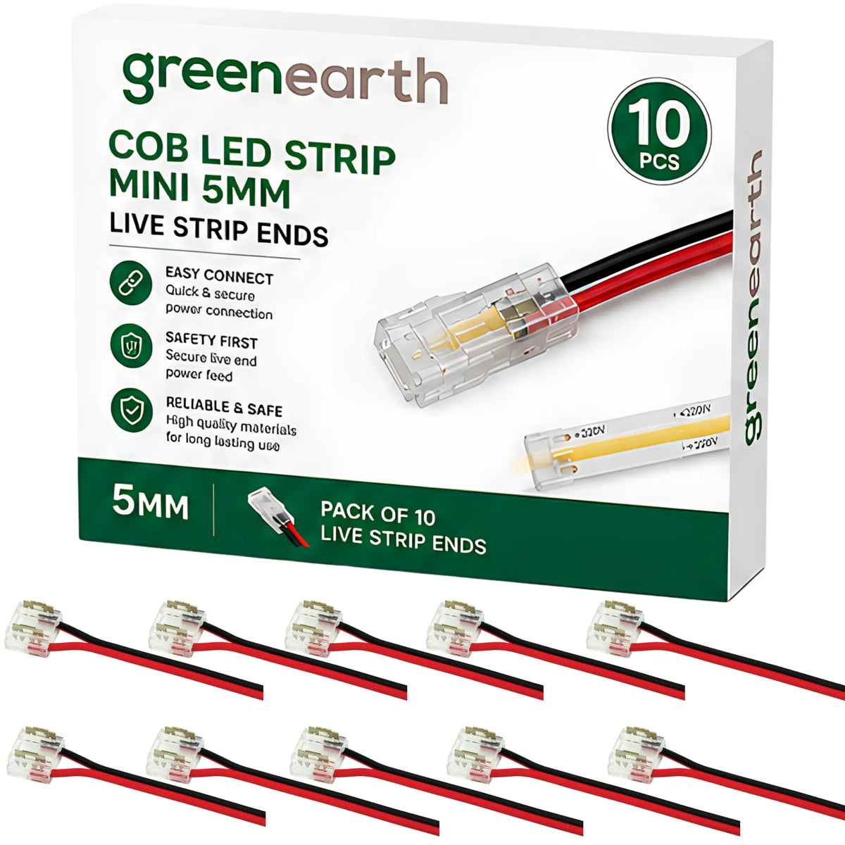 10 Pack 5mm COB LED Strip Live End - 2 Pin Solderless PCB-to-Cable Quick Connect