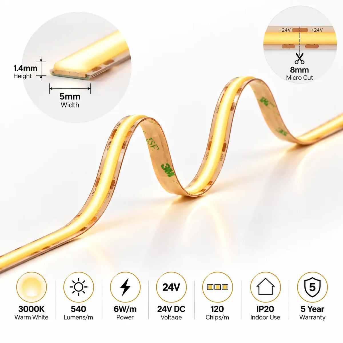 COB Mini 5mm Dotless LED Strip – 3000K Warm White | 24V 6W Dotless