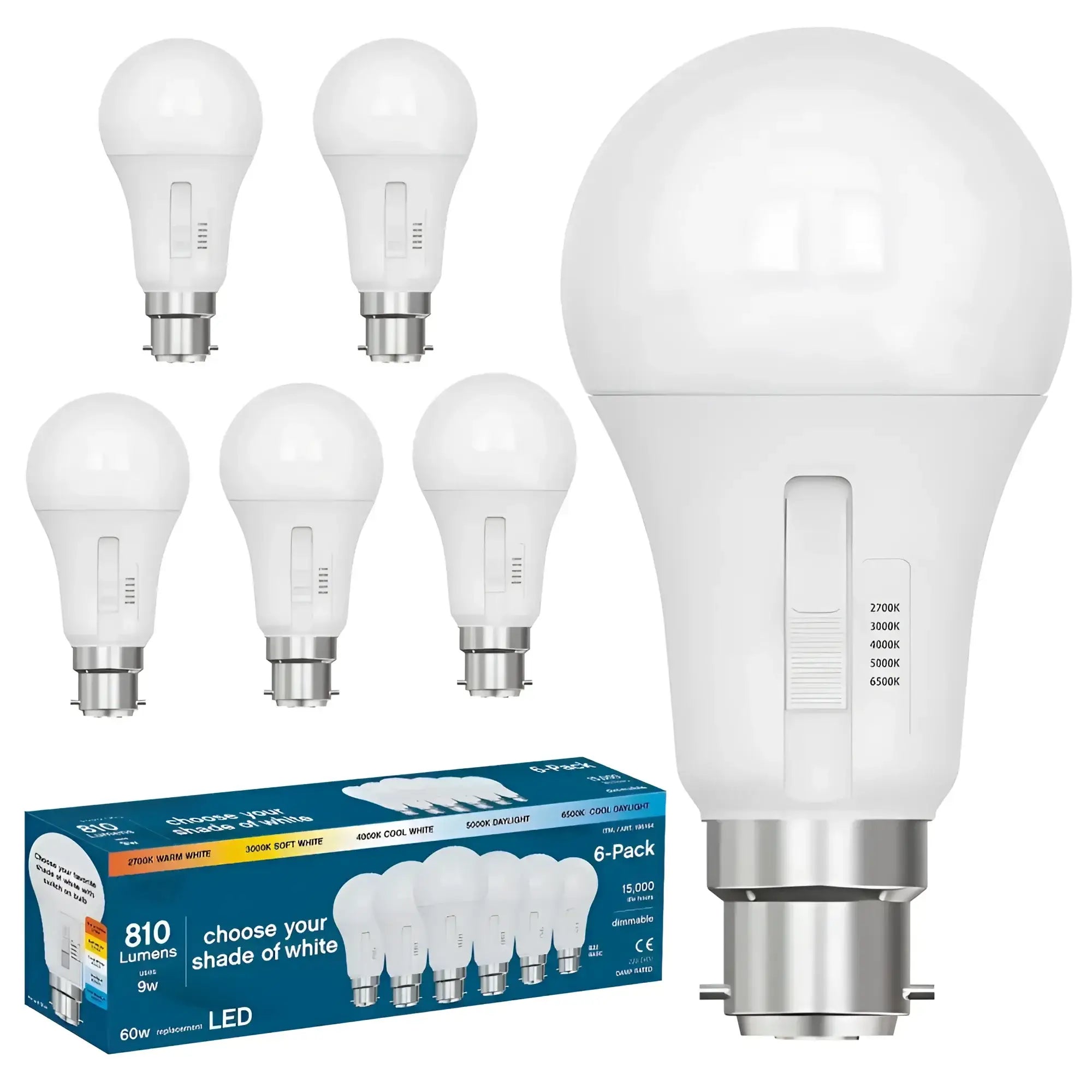 A 6 pack of white 9w b22 5-cct led globe dimmable bulbs with 810 lumens and adjustable color temperature