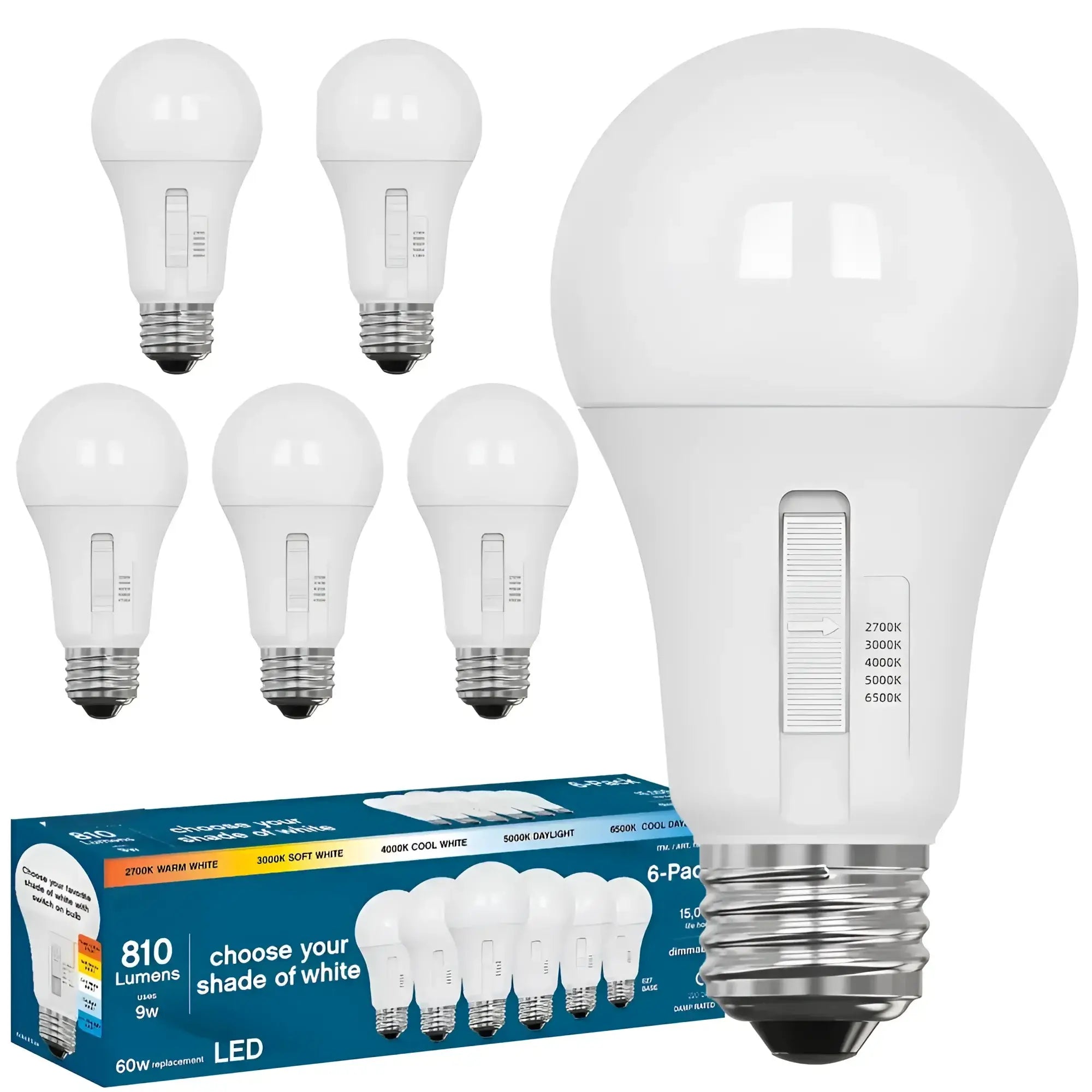 A 6 pack of 9 w e27 5-cct led globe dimmable colour selectable bulbs with 810 lumens and adjustable color temperature