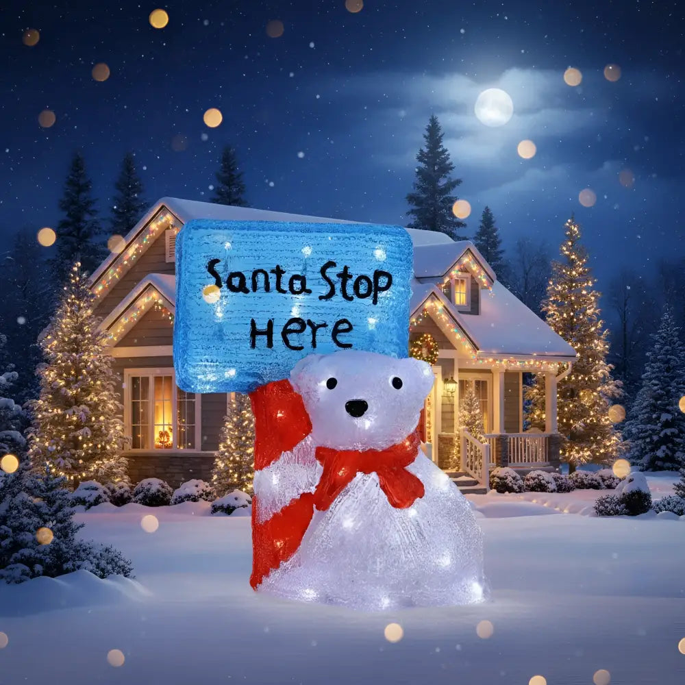 Acrylic Christmas Polar Bear with Santa Stop Here Sign