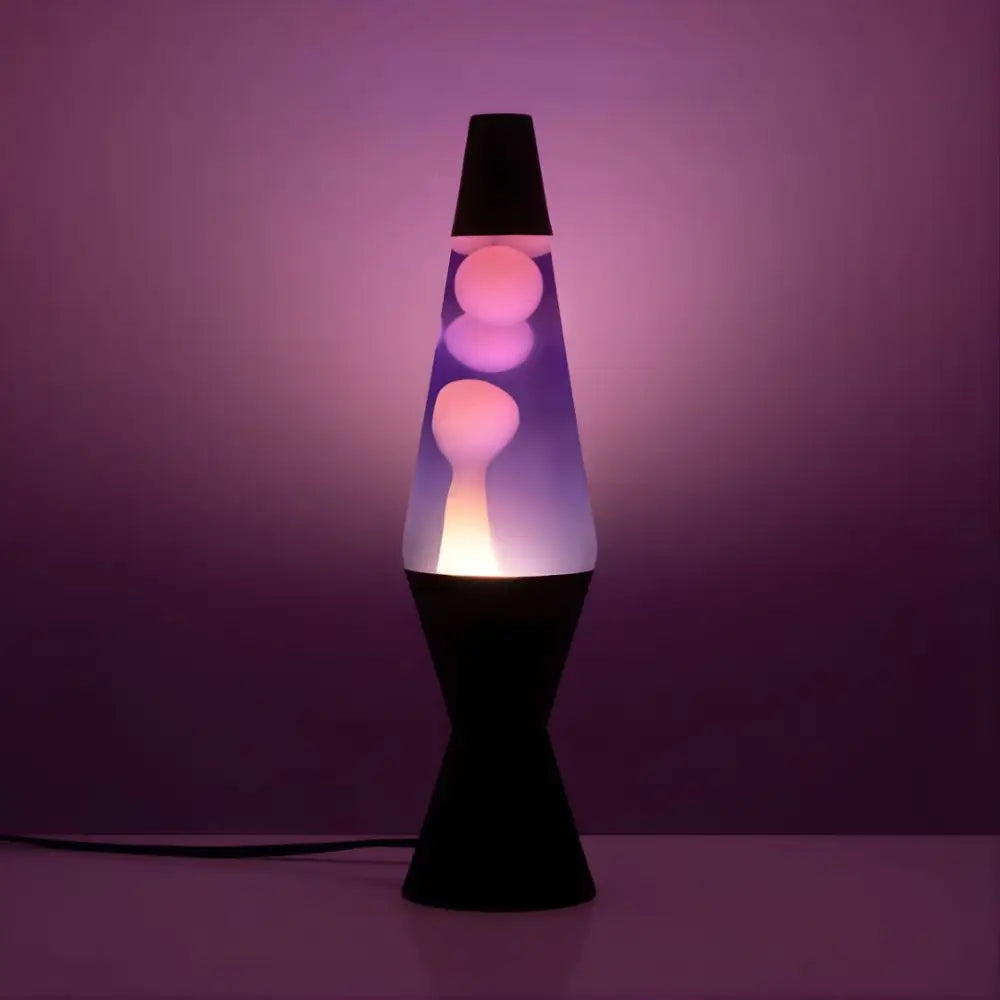 Retro lava lamp featuring purple liquid and flowing pink lava, available at greenearth.net.au