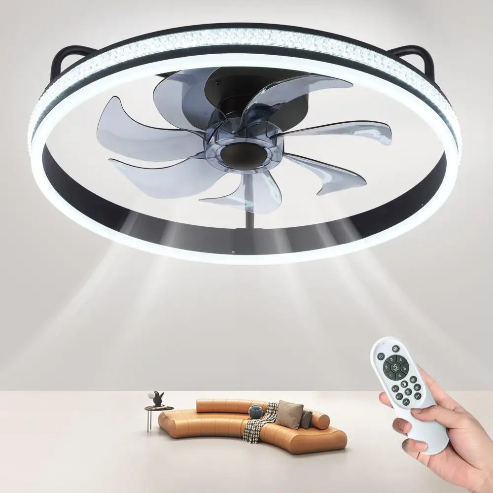 Ceiling fan with light fixture and remote control on a neutral background Catalina DC 21″ Smart Ceiling Fan With Remote Control + LED Light