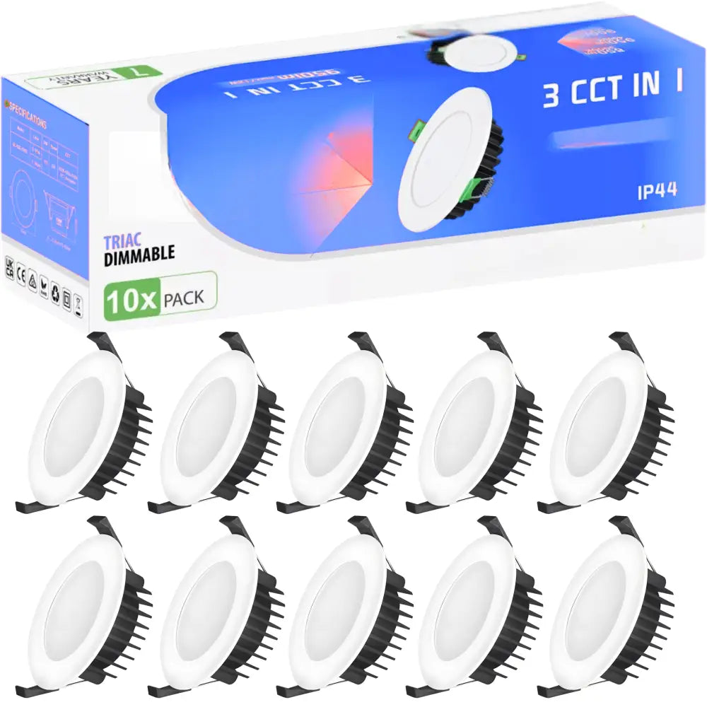 Pack of 10 LED downlights with packaging displaying '3 CCT IN 1' and '10x Pack' on a white background.