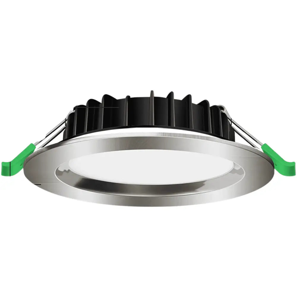 13W white recessed LED downlight with 90mm cut-out and anodised aluminium trim, featuring tri-colour dimming and heat-dissipating fins.