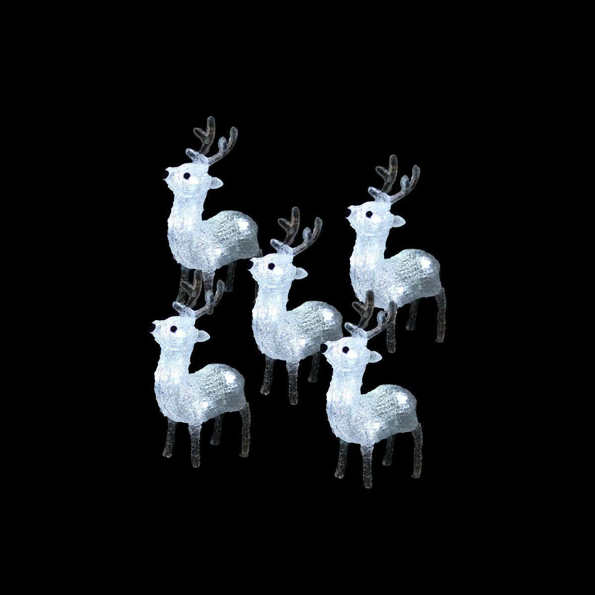 A set of five clear acrylic baby led reindeer decorations with light up features for festive display