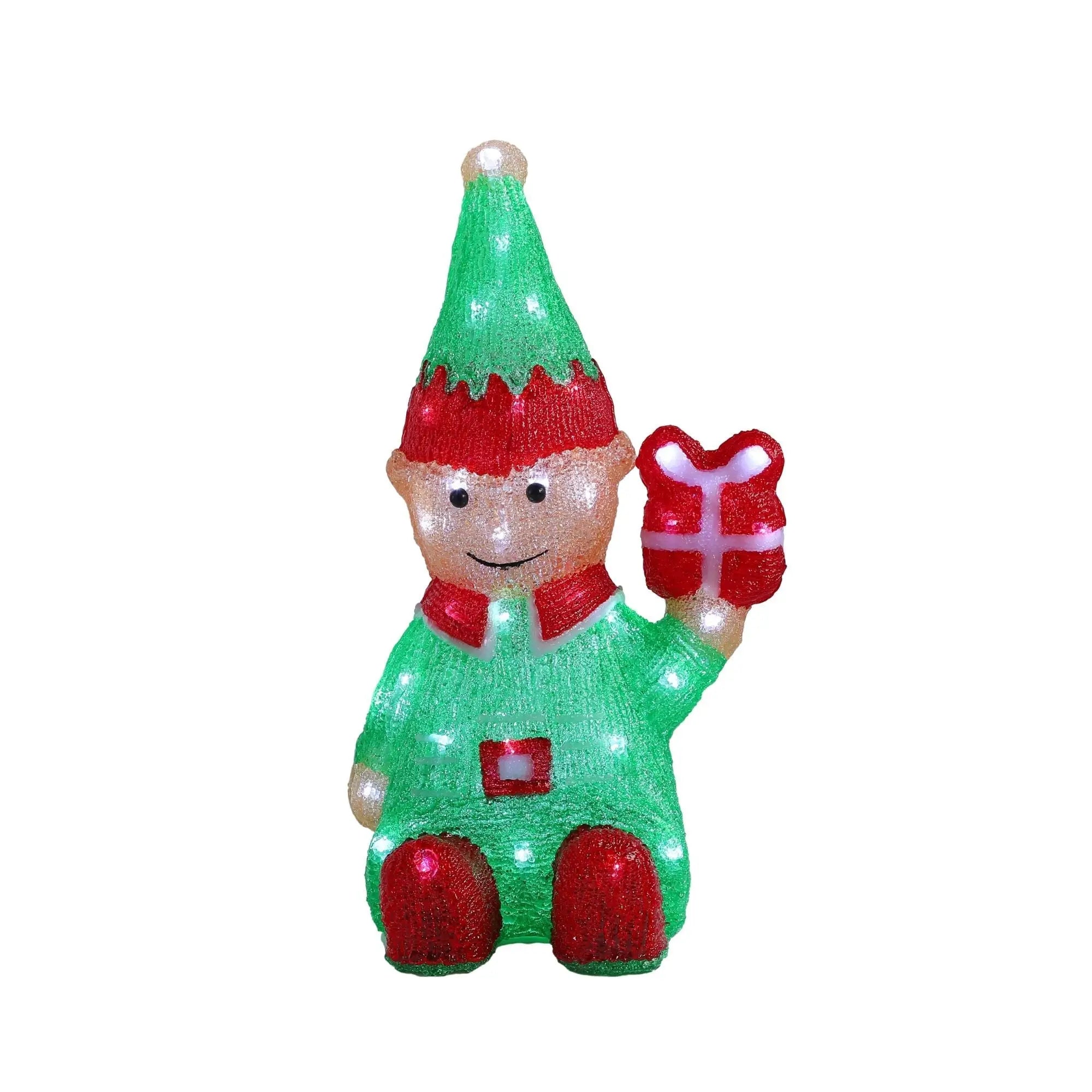 Lexi Lighting Acrylic Christmas Elf with Giftbox, red green accents, LED lights