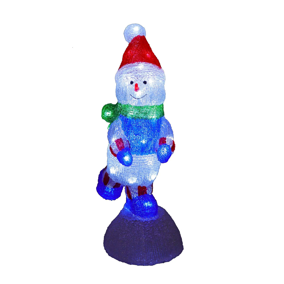 Acrylic LED snowman H46cm dancing with red hat and green scarf