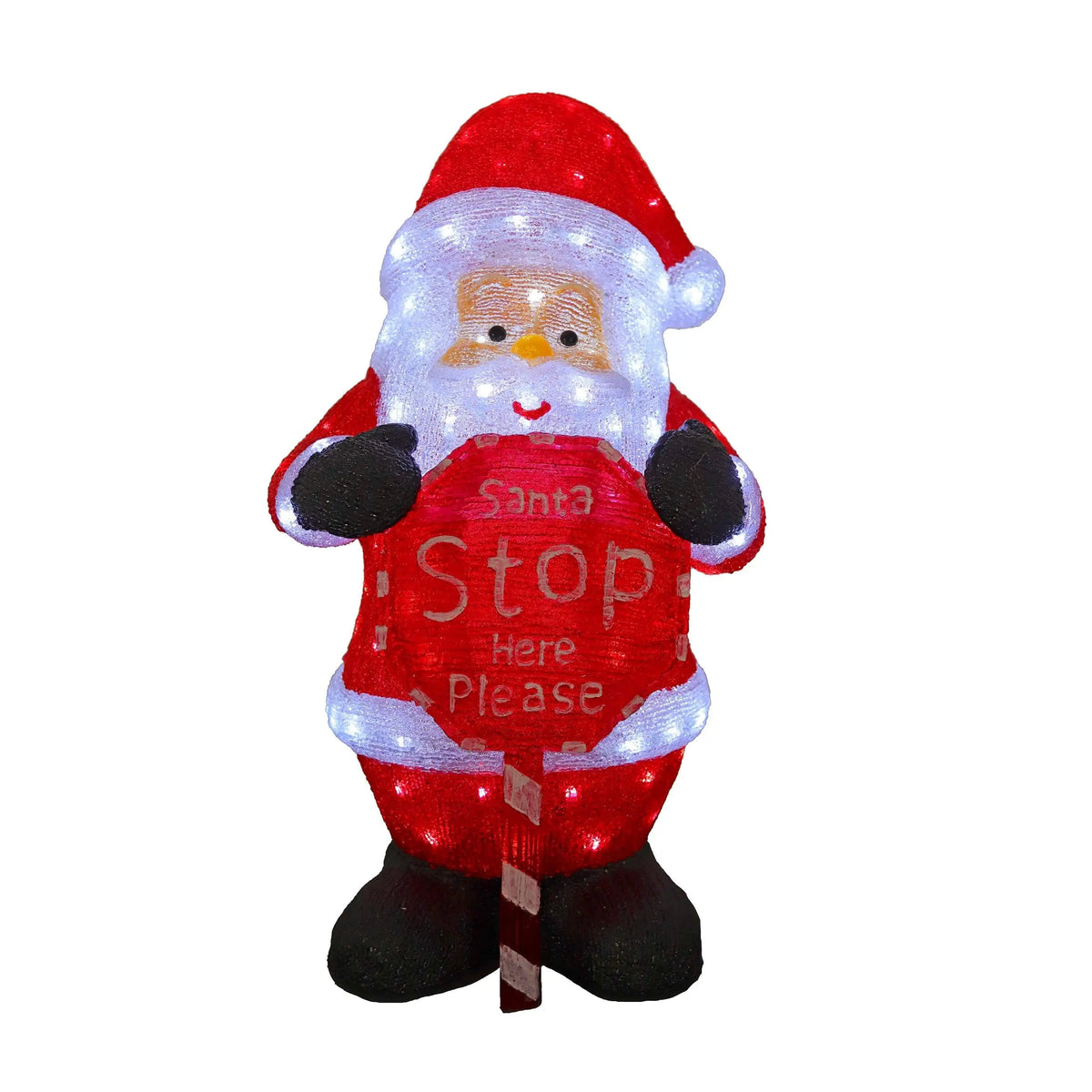 Acrylic Santa holding Santa Stop Here sign, illuminated H80cm table lamp