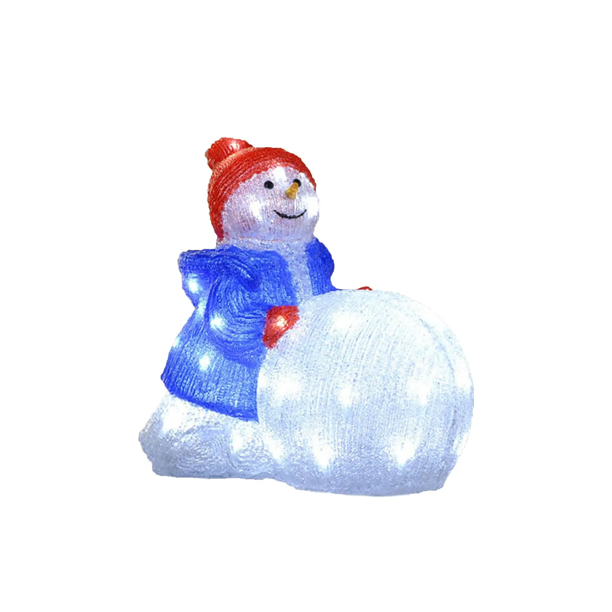 Lighted snowman in red hat blue coat pushing snowball, 34cm cable, IP44