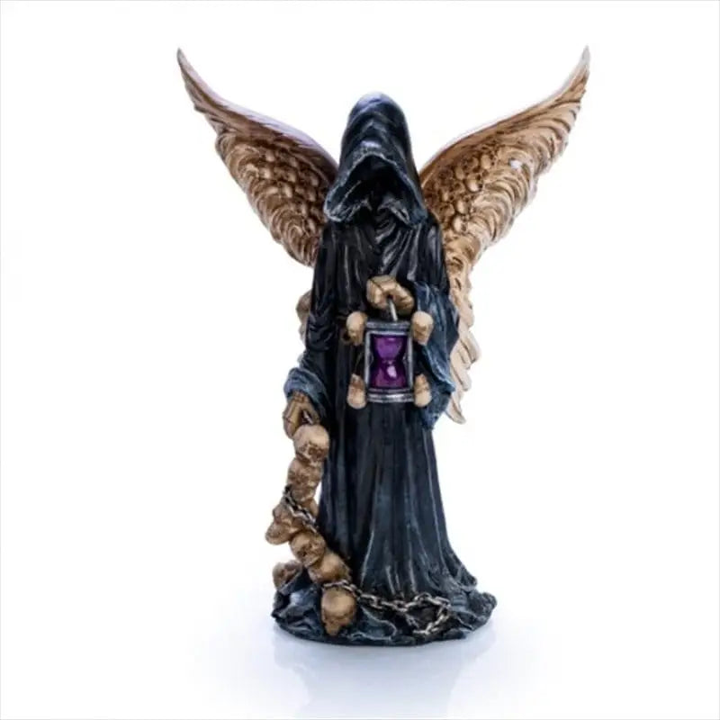Winged hooded figure holding an hourglass and skull chain poly resin death led lantern for decorative use