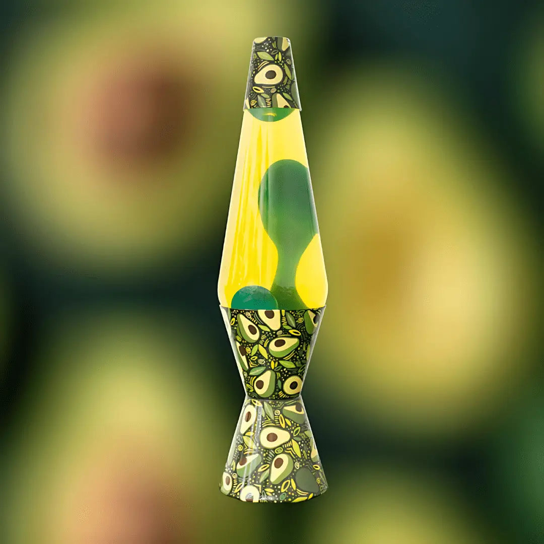 Avocado diamond motion lava lamp with yellow and green swirls and glass body featuring peacock feather base design