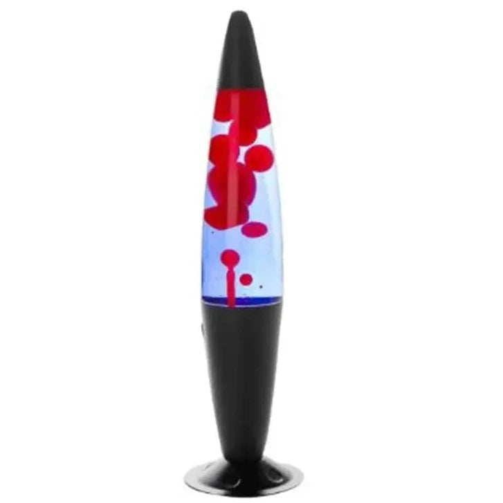 Black red blue peace motion lamp with black base, red wax, and blue liquid in a peace motion lava lamp design