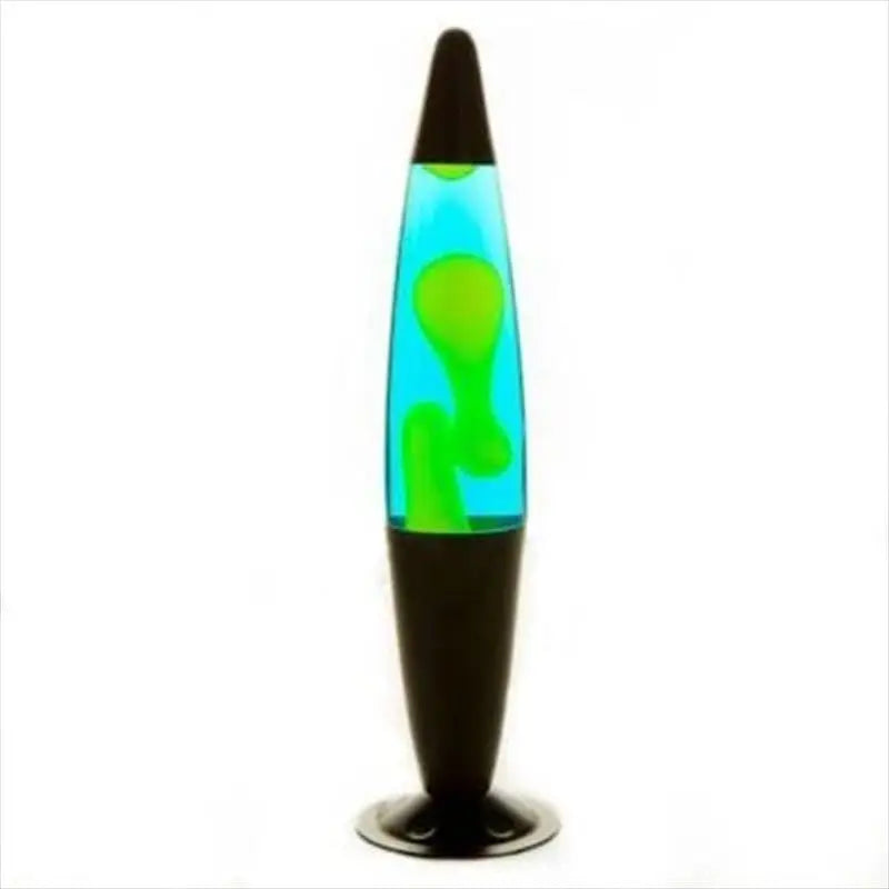 A black yellow peace motion lamp with blue liquid and green molten lava wax in a sleek black lava lamp design