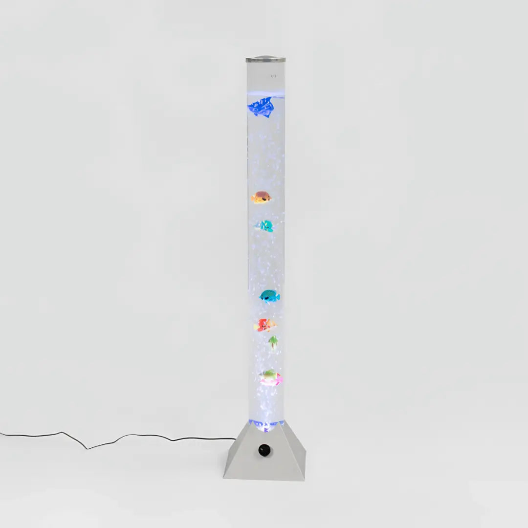 A tall cylindrical bubble fish lamp tower 90cm with colorful artificial fish and colour-changing LED sensory lamp australia