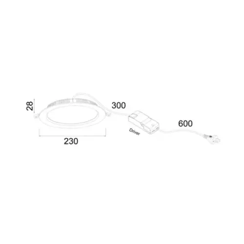 Technical drawing of a LED light with dimensions labeled