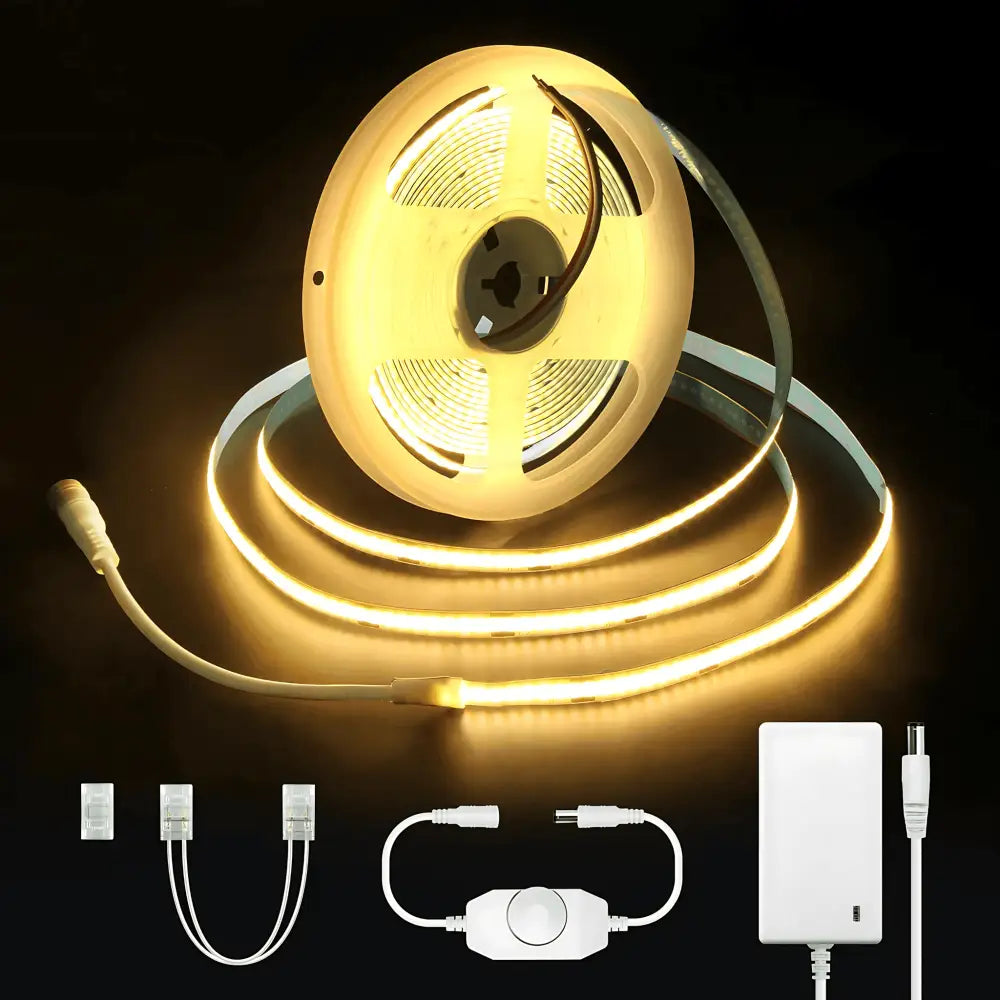 Strippy Home & Garden > Lighting Strippy GlowFlex 5M COB LED Strip Kit – Dotless | Flexible Tape Light with Dimmer & Power Adapter - 3000K GF5M3K