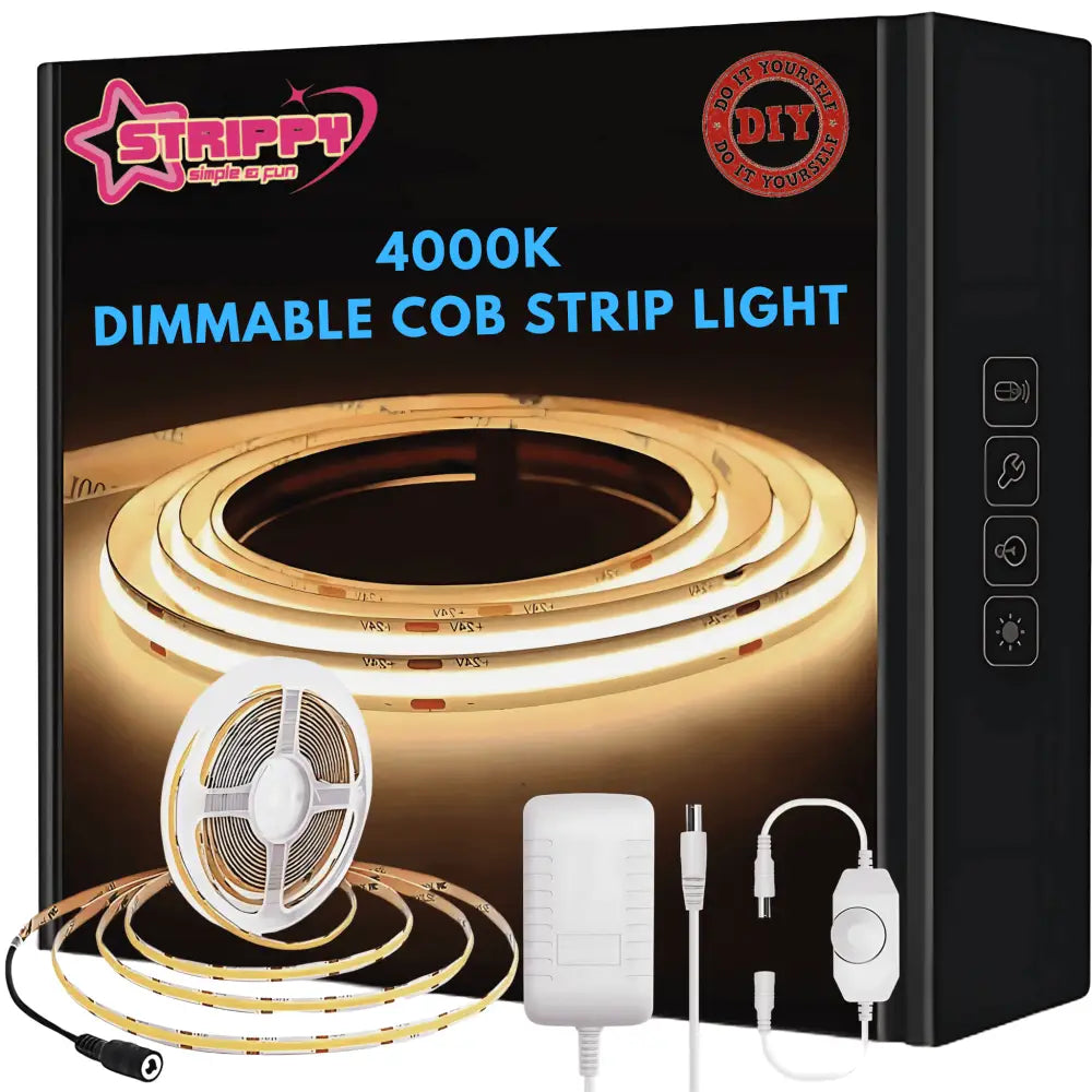 Strippy Home & Garden > Lighting Strippy GlowFlex 5M COB LED Strip Kit – Dotless | Flexible Tape Light with Dimmer & Power Adapter - 4000K GF5M4K