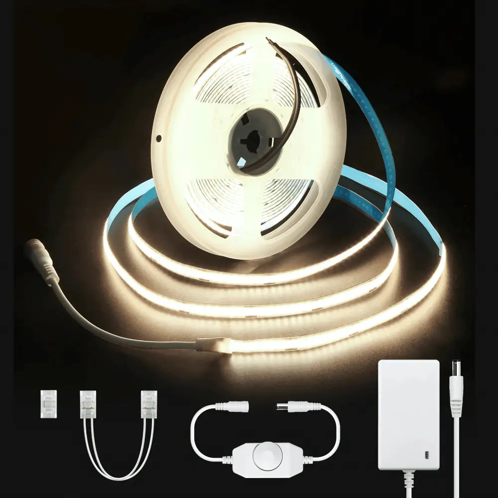 Strippy Home & Garden > Lighting Strippy GlowFlex 5M COB LED Strip Kit – Dotless | Flexible Tape Light with Dimmer & Power Adapter - 4000K GF5M4K