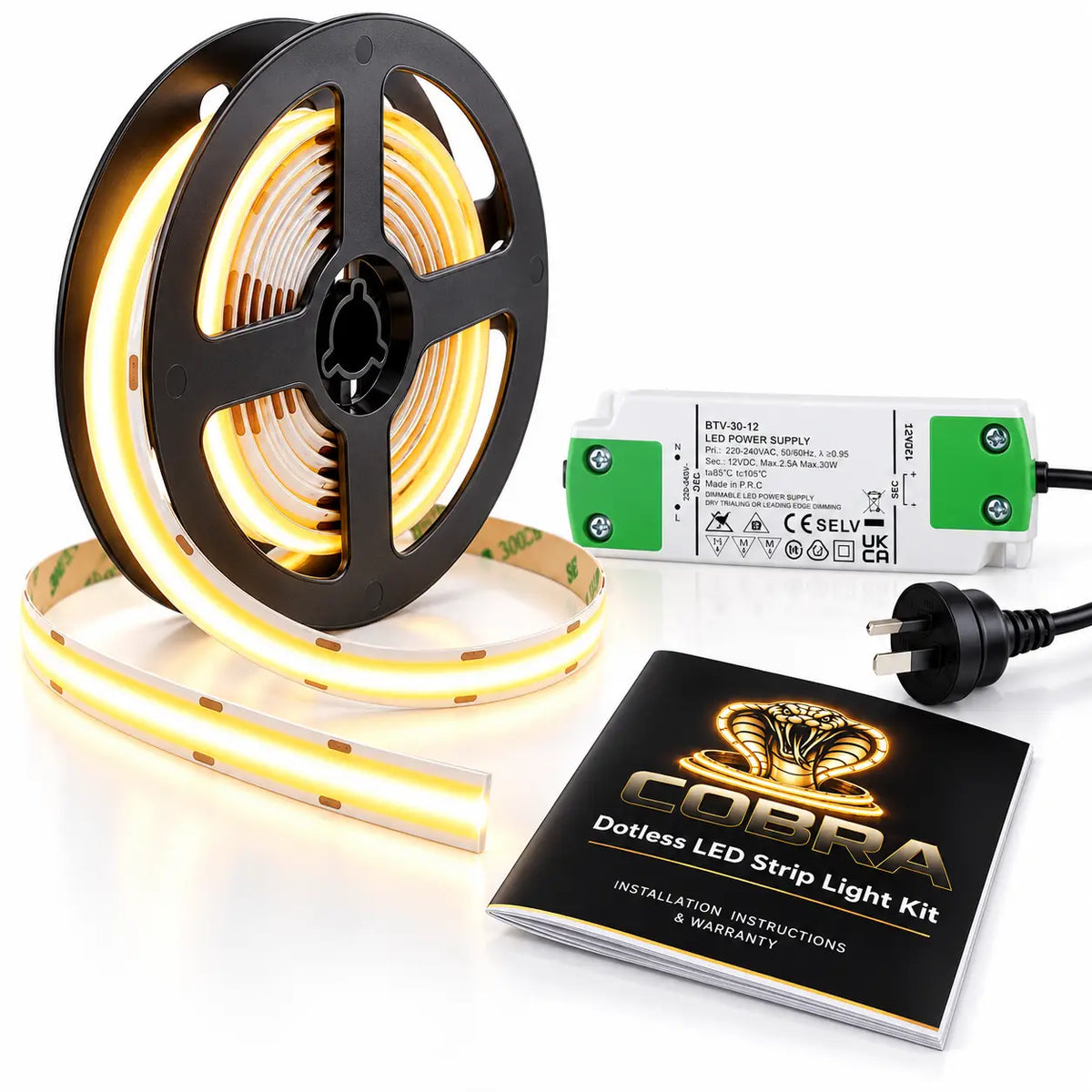 COBRA Core 12W/m Dotless COB LED Strip Light Kit – 3000K Warm White