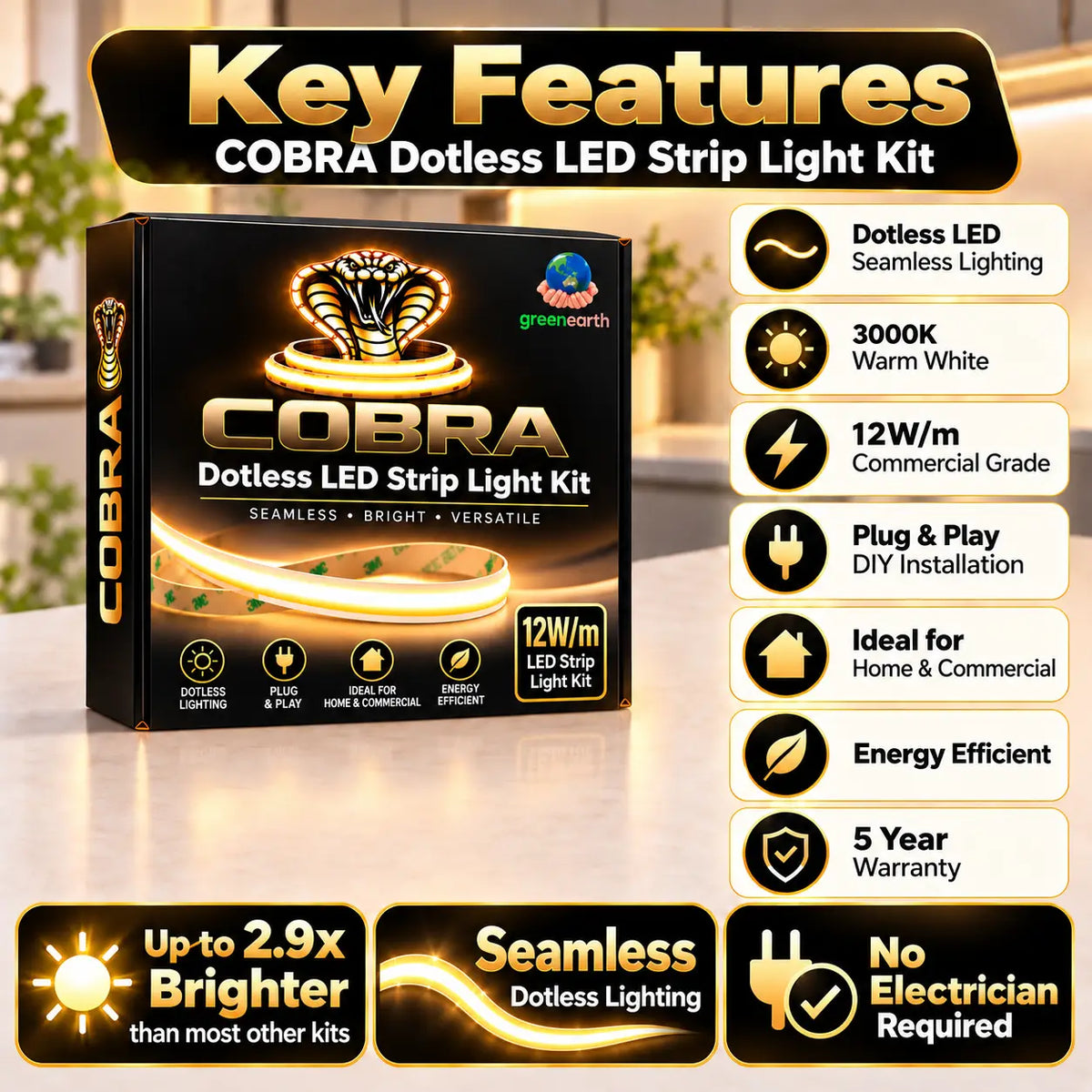 COBRA Core 12W/m Dotless COB LED Strip Light Kit – 3000K Warm White