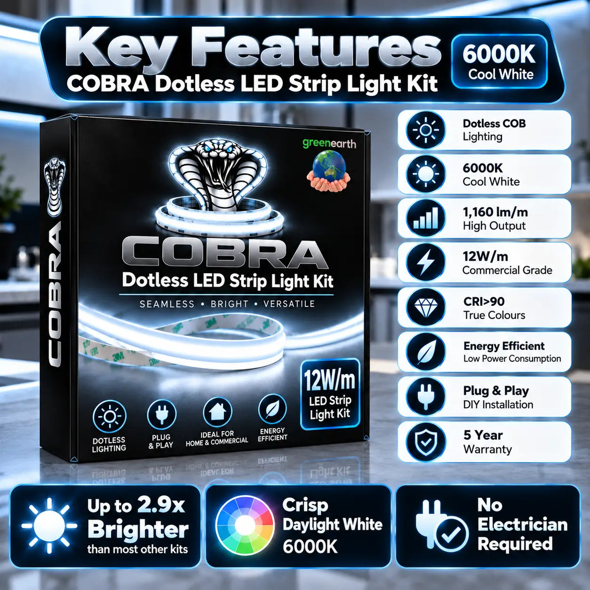 COBRA Core 12W/m Dotless COB LED Strip Light Kit – 6000K Daylight