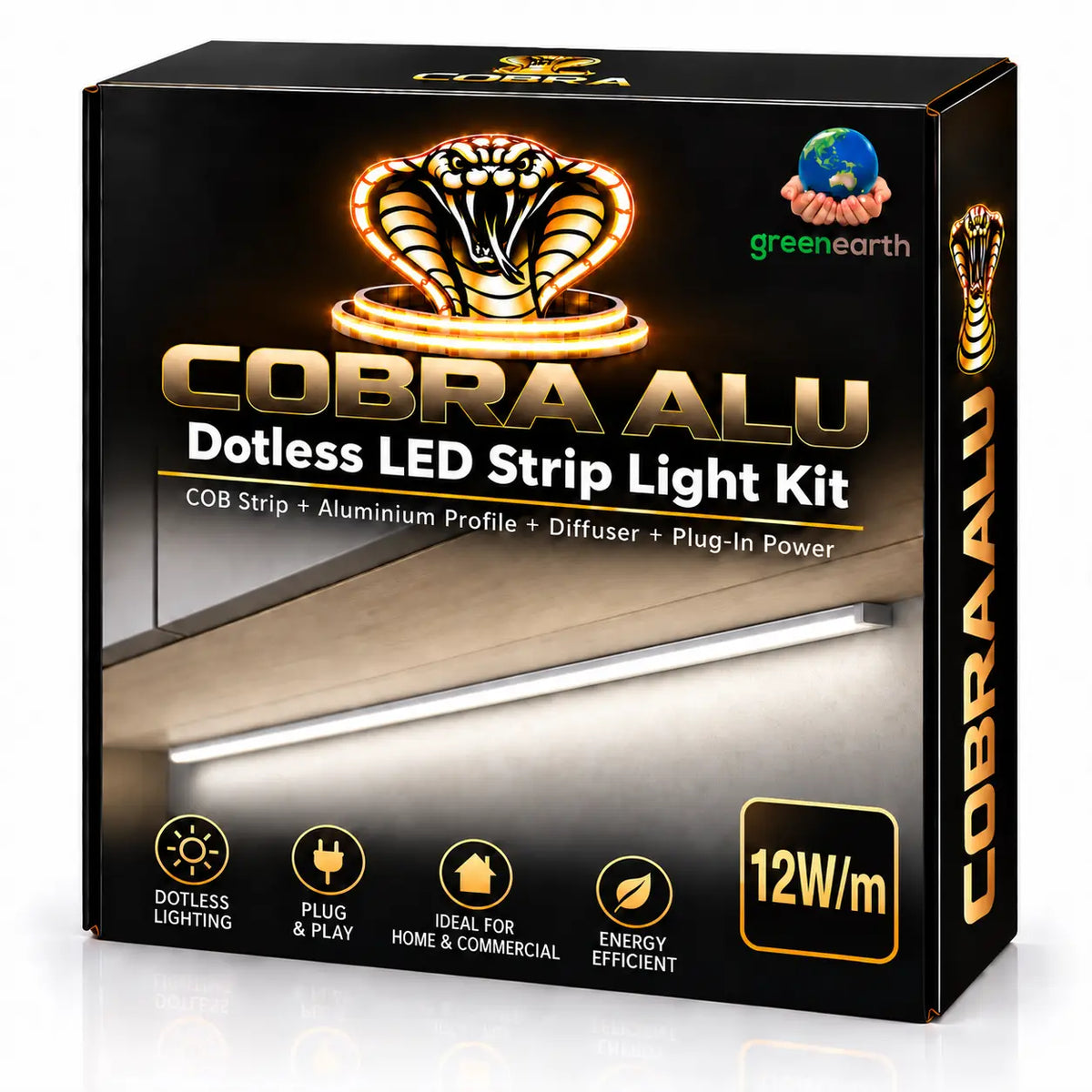 COBRA ALU 12W/m Dotless COB LED Strip Light Kit with Aluminium Profile – 4000K Cool White