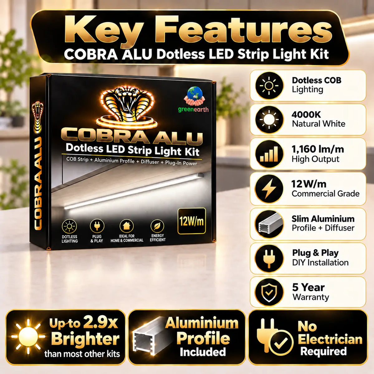 COBRA ALU 12W/m Dotless COB LED Strip Light Kit with Aluminium Profile – 4000K Cool White