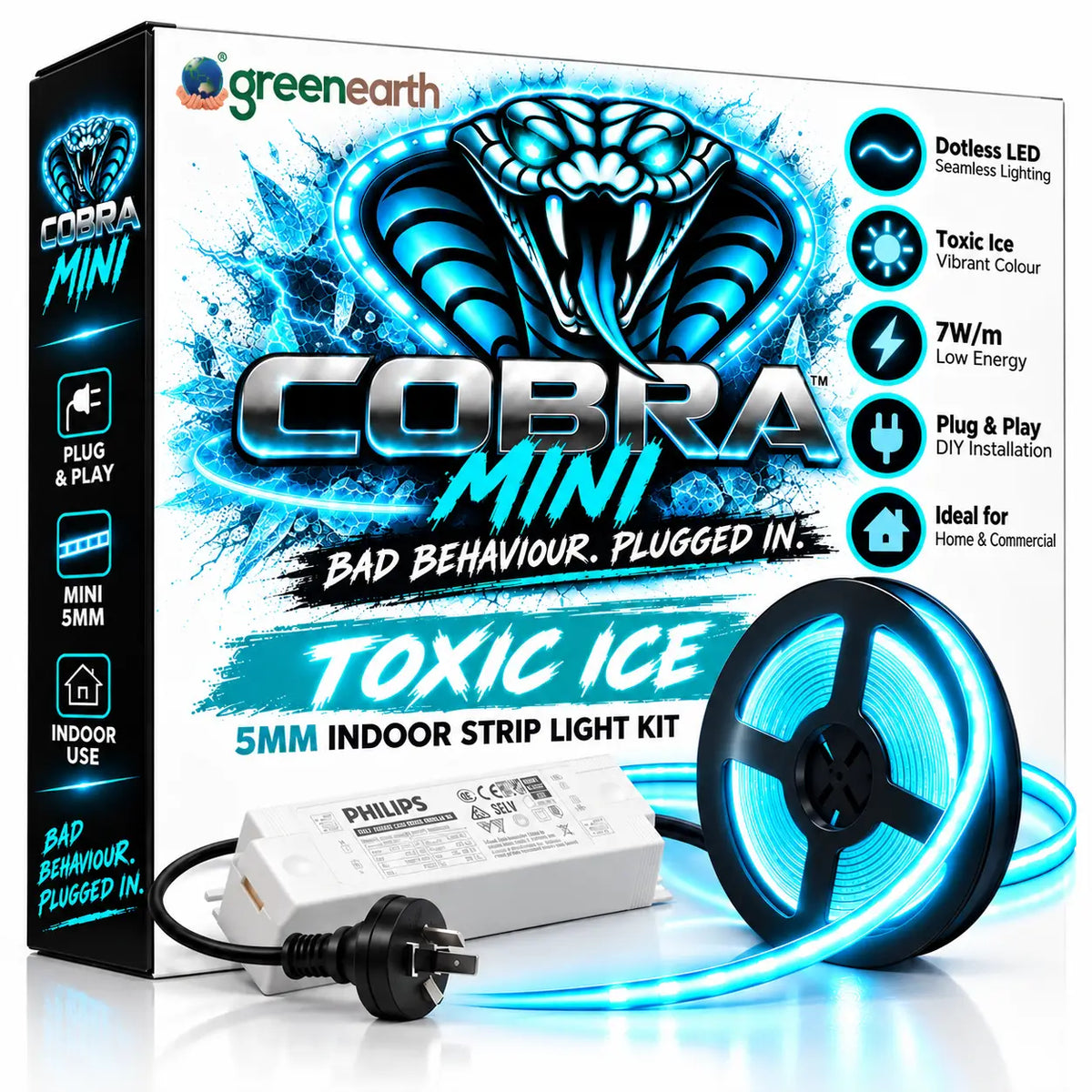 COBRA MINI Toxic Ice – 5mm Dotless Cyan Blue COB LED Strip Light Kit