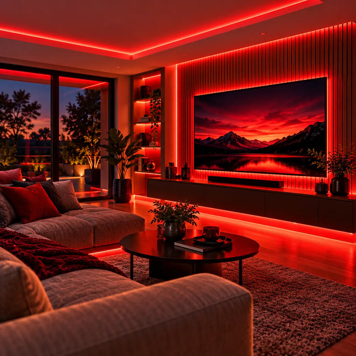 Contemporary living room featuring vibrant red COB LED strip lighting behind the television, along ceiling coves and under cabinets.