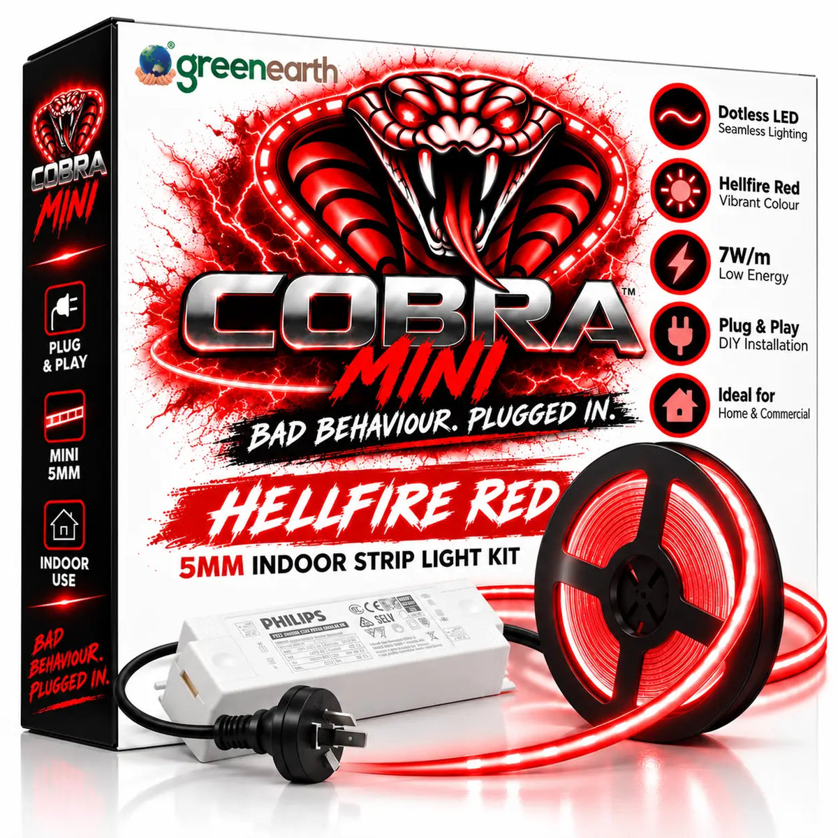 COBRA MINI Hellfire Red 5mm dotless COB LED strip light kit with Philips driver and vibrant red LED lighting.