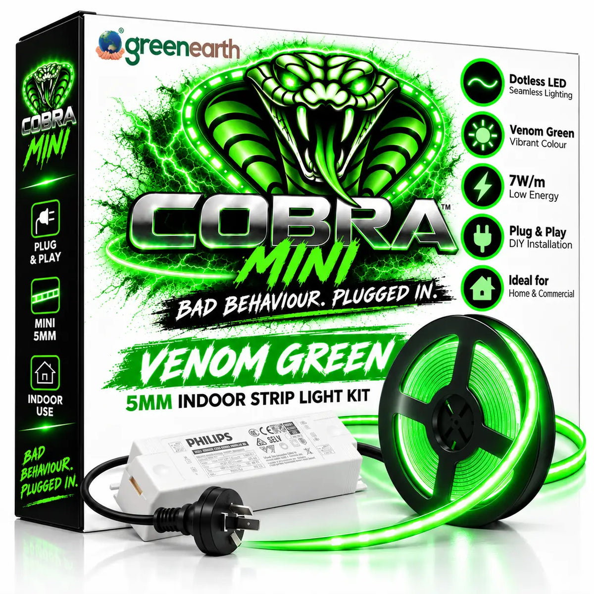 COBRA MINI Venom Green – 5mm Dotless Green COB LED Strip Light Kit