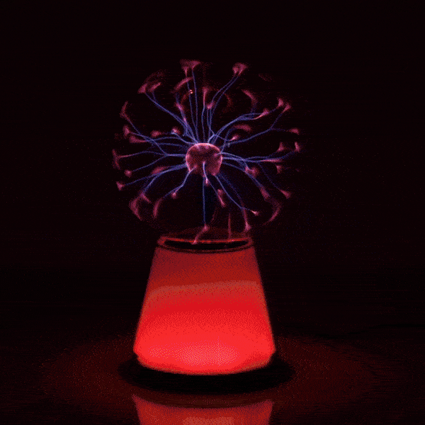 Colour changing plasma ball with red base and glowing blue filaments