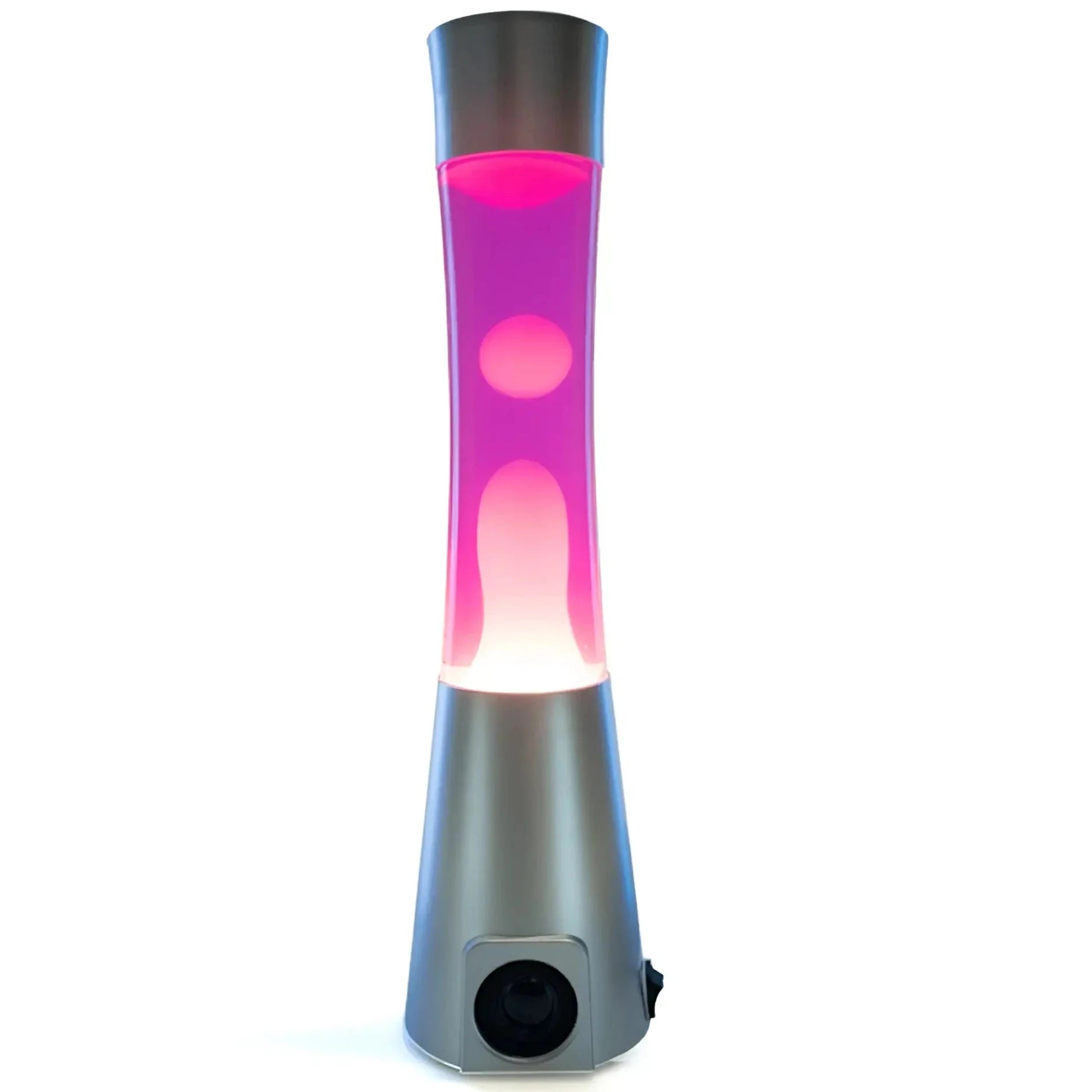 Silver pink white motion lava lamp bluetooth speaker with pink and white liquid and black base and top for ambient audio