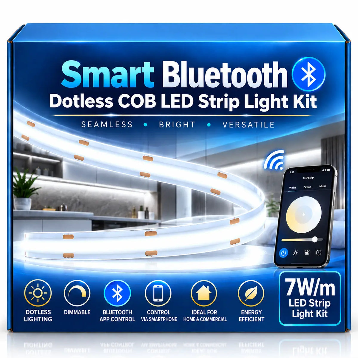 Smart Bluetooth Dotless COB LED Strip Light Kit – 6000K Daylight White
