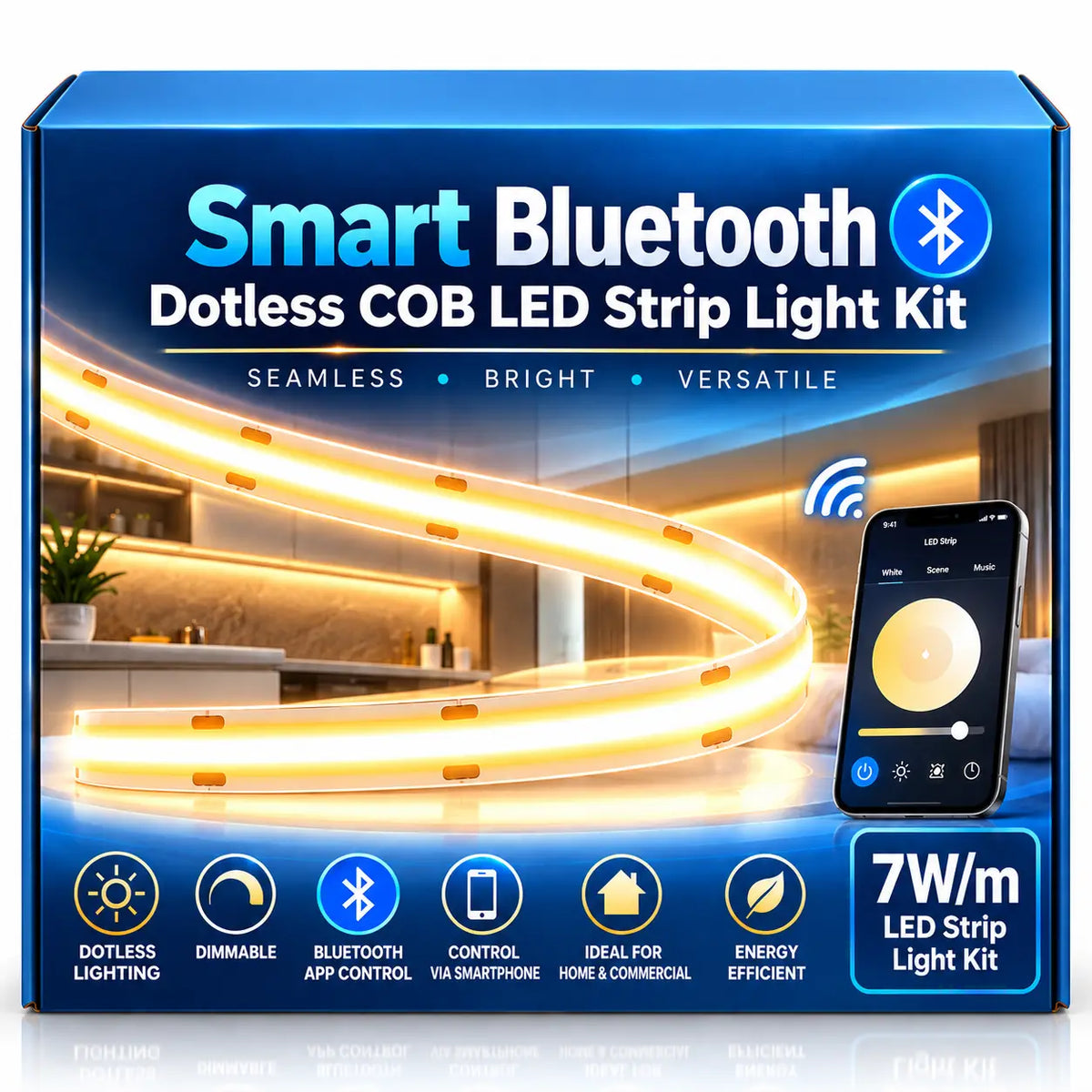 Smart Bluetooth Dotless COB LED Strip Light Kit – 3000K Warm White