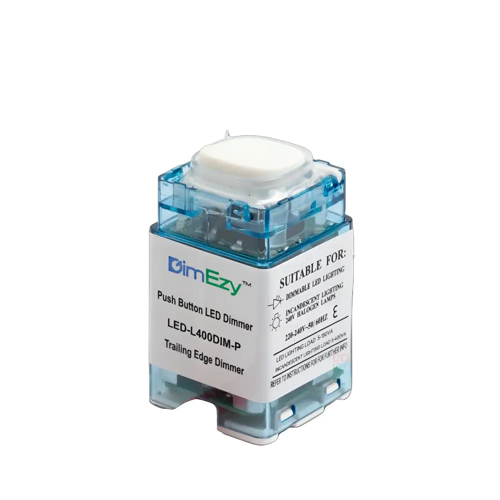 Push button LED dimmer with blue casing and white label on a white background