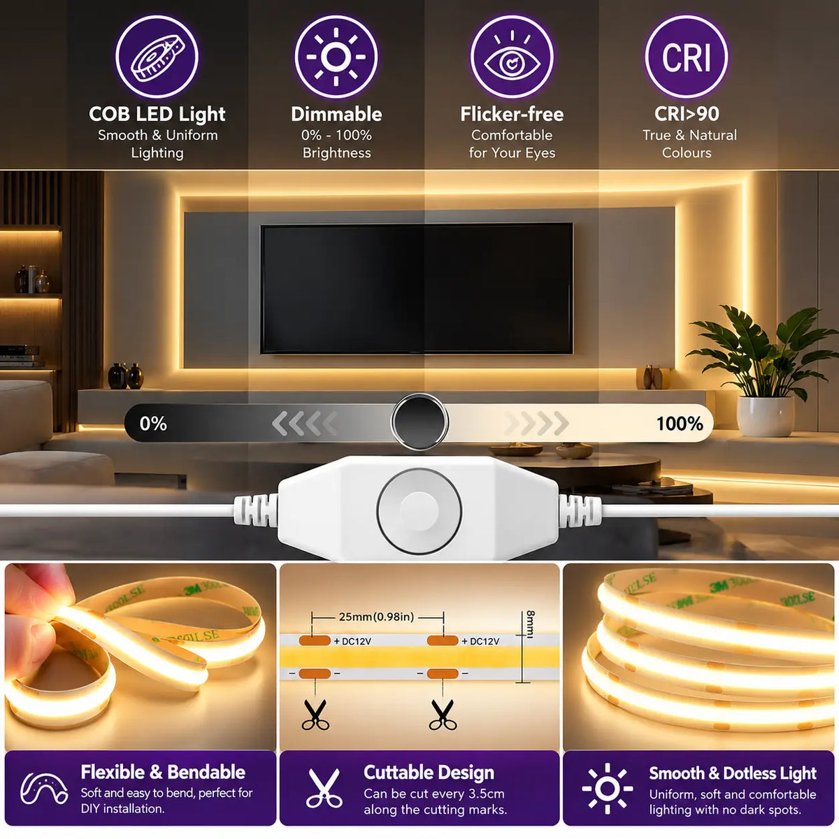Dimmable Dotless COB LED Strip Light Kit – 3000K Warm White