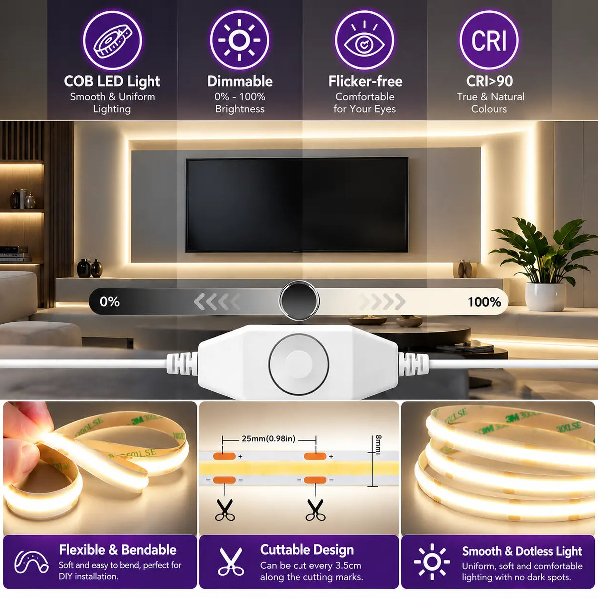 Dimmable Dotless COB LED Strip Light Kit – 4000K Cool White