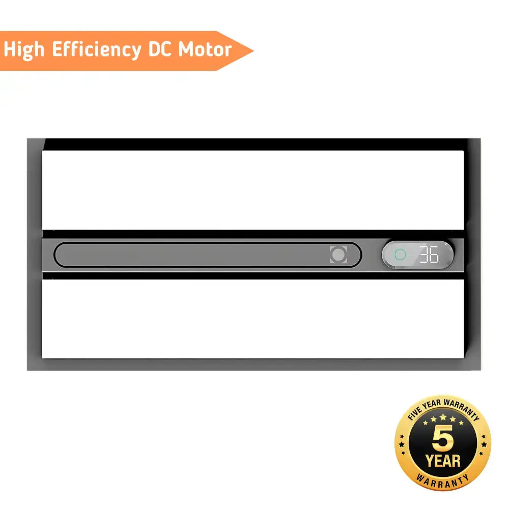 Domus airsway premium bathroom heater in white and gray with digital display and high efficiency dc motor label