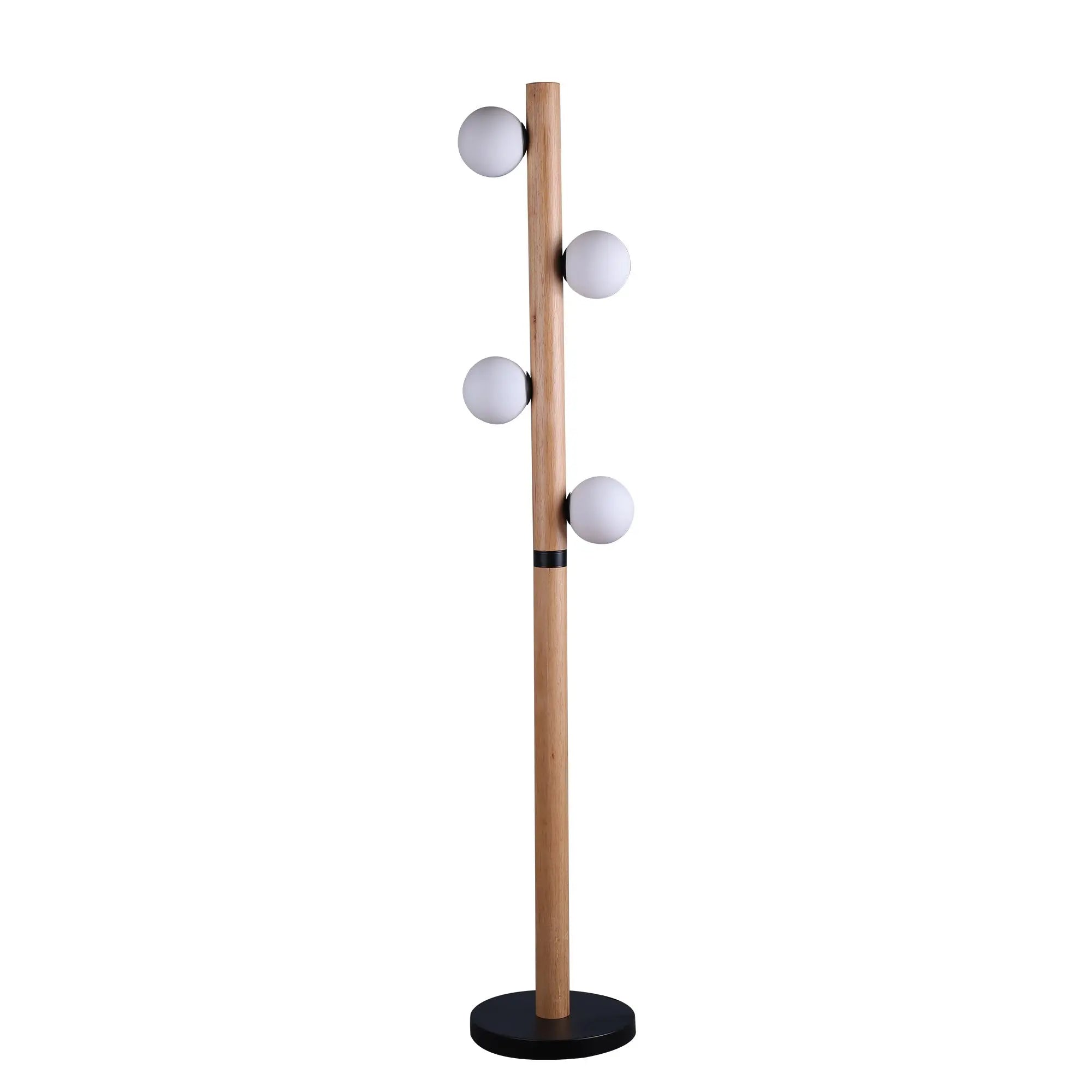 Evie floor lamp with light wood pole, black base, five white glass shades