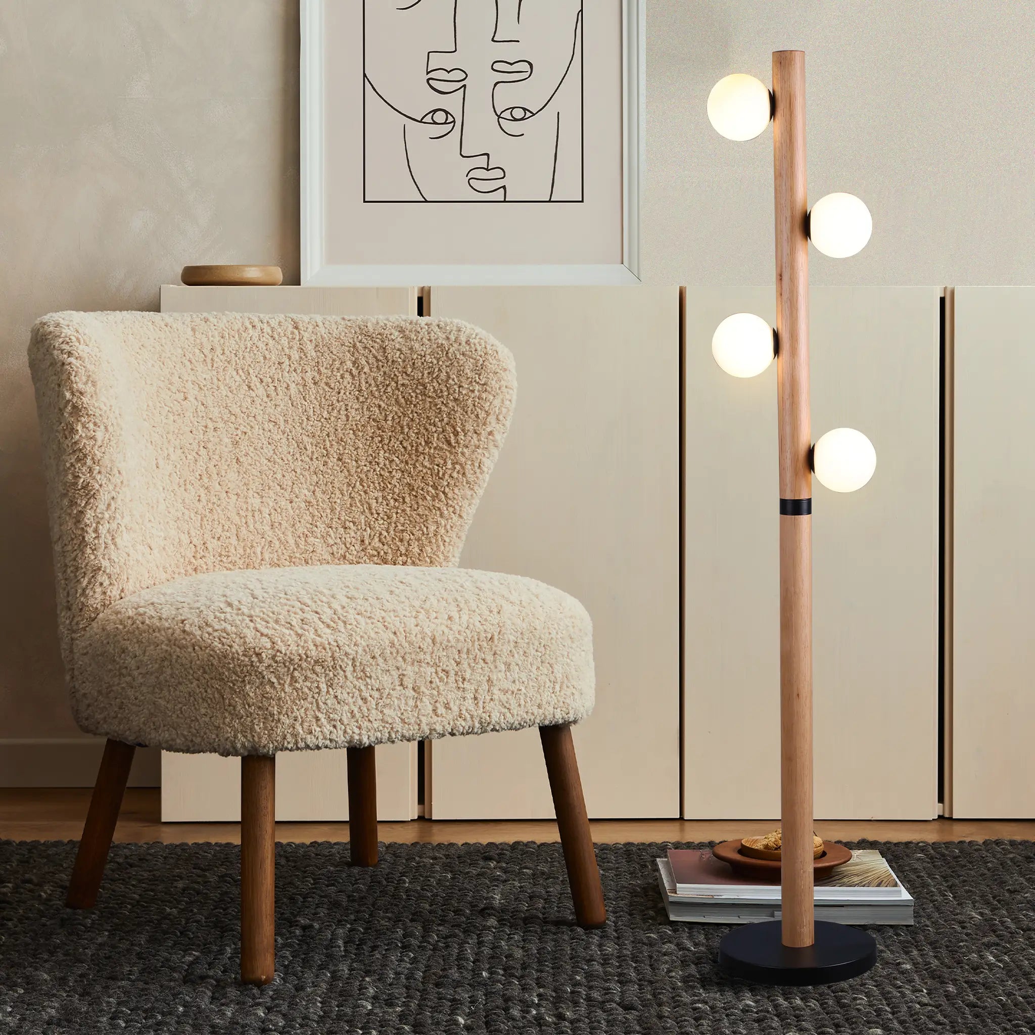 Creamy white sherpa Evie floor lamp with dark wood legs