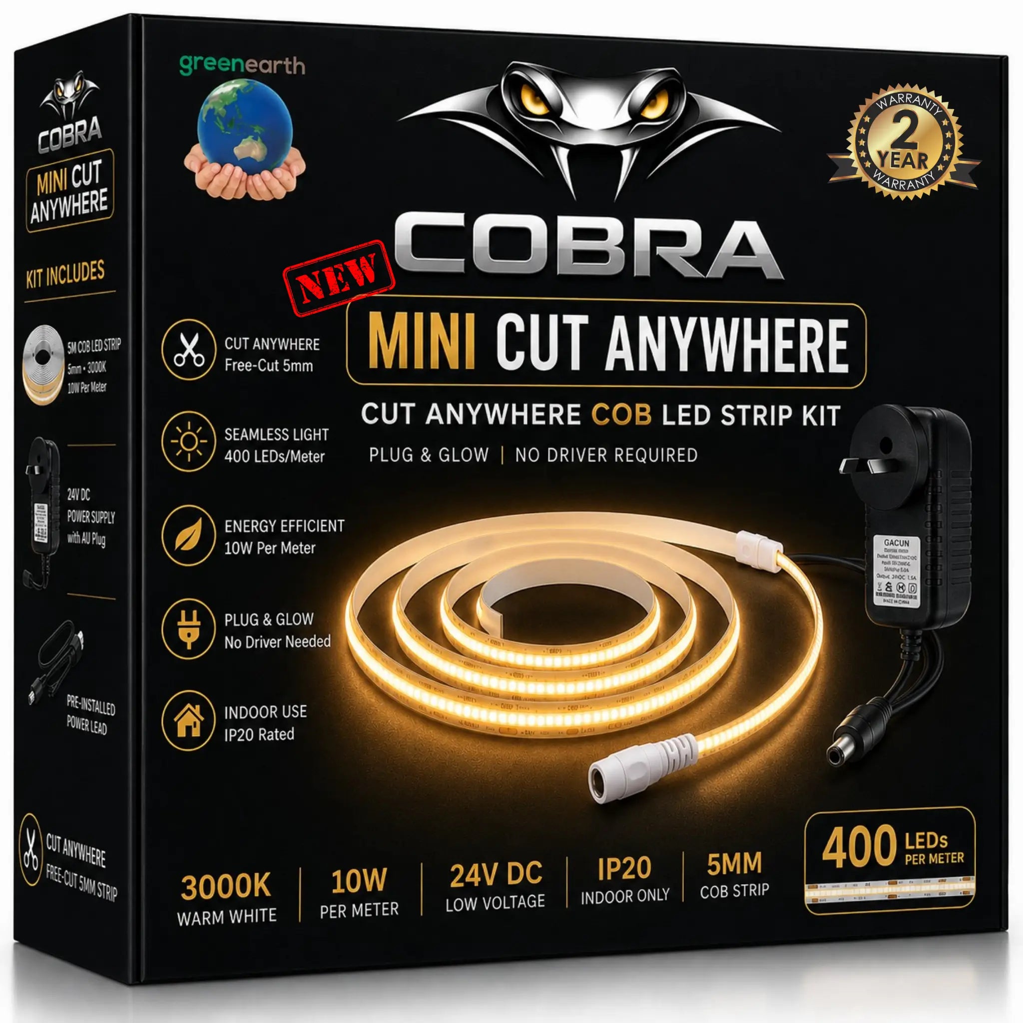 Green Earth COBRA Free Cut COB Dotless LED Strip Light Kit - Warm White